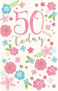 50th Happy Birthday Card 50 Today With Love  Flower Design Bright Modern