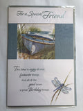 Friend Happy Birthday Card Special Rowing Boat Moored On River Bank Dragonfly