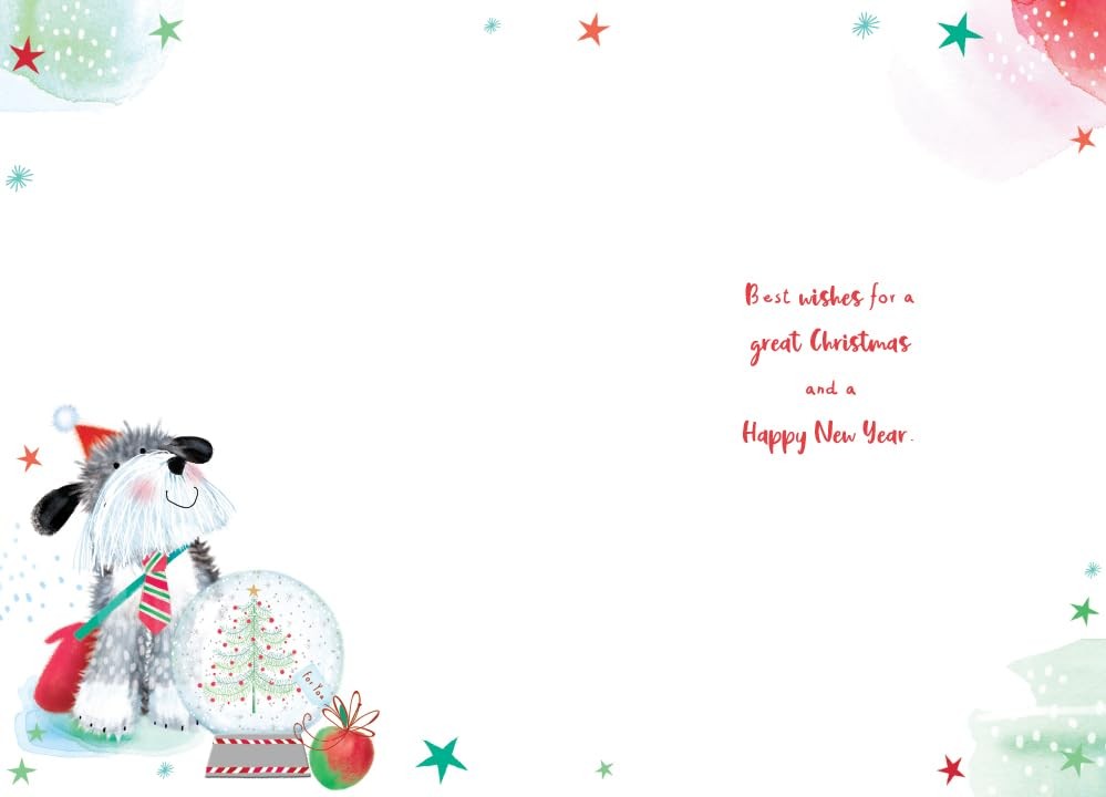 Special Teacher Christmas Card Cute Dog Apple Snowglobe 7.5" x 5" Lovely Verse