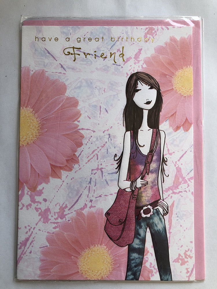 Friend Happy Birthday Card Great Cool Chic Girl Bag Pink Large Flowers