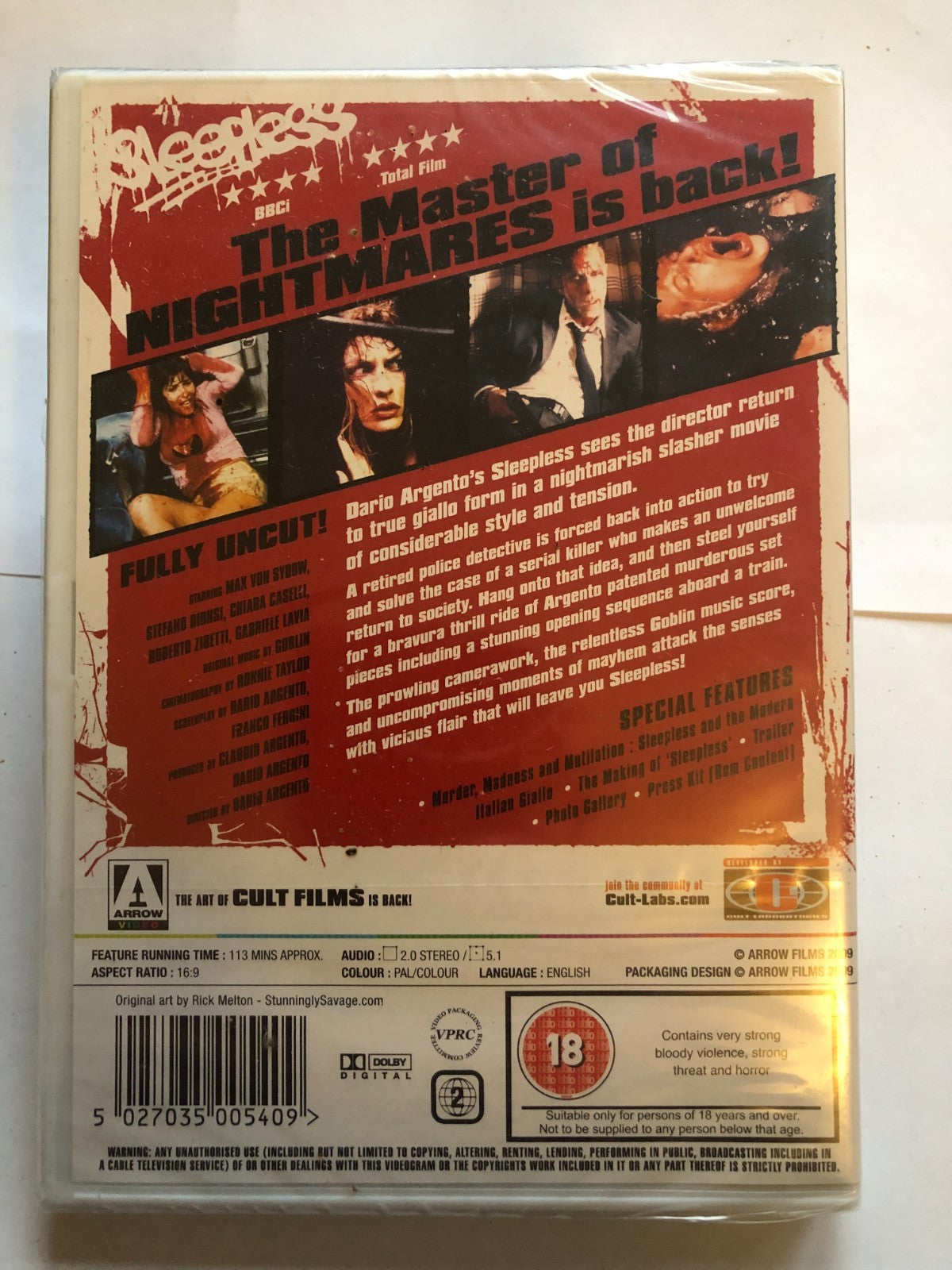 SLEEPLESS DVD Dario Argento Claudio Argento Movie Film Original UK Release R2