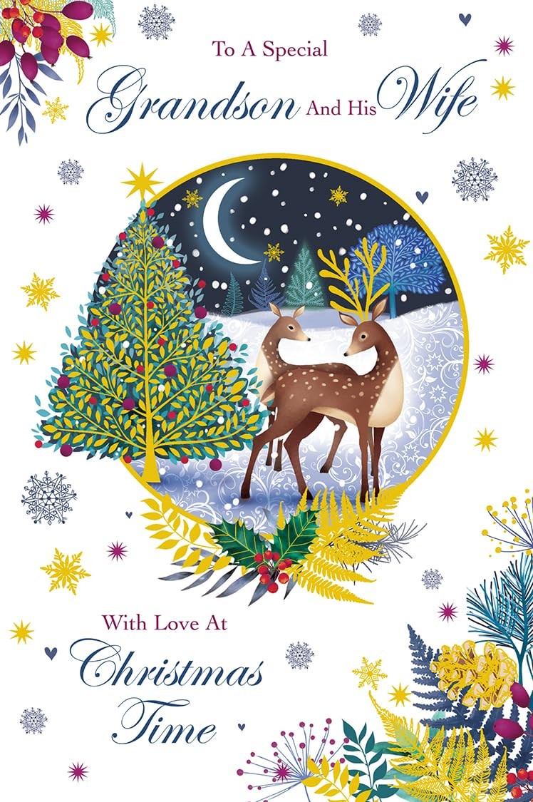 Christmas Card Special Grandson & Wife Large Deer Moon Scene 15x23cm