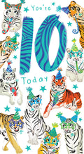 Kids 10th Birthday Card - Ten Today - Cute Tigers Party Hats Boy Girl