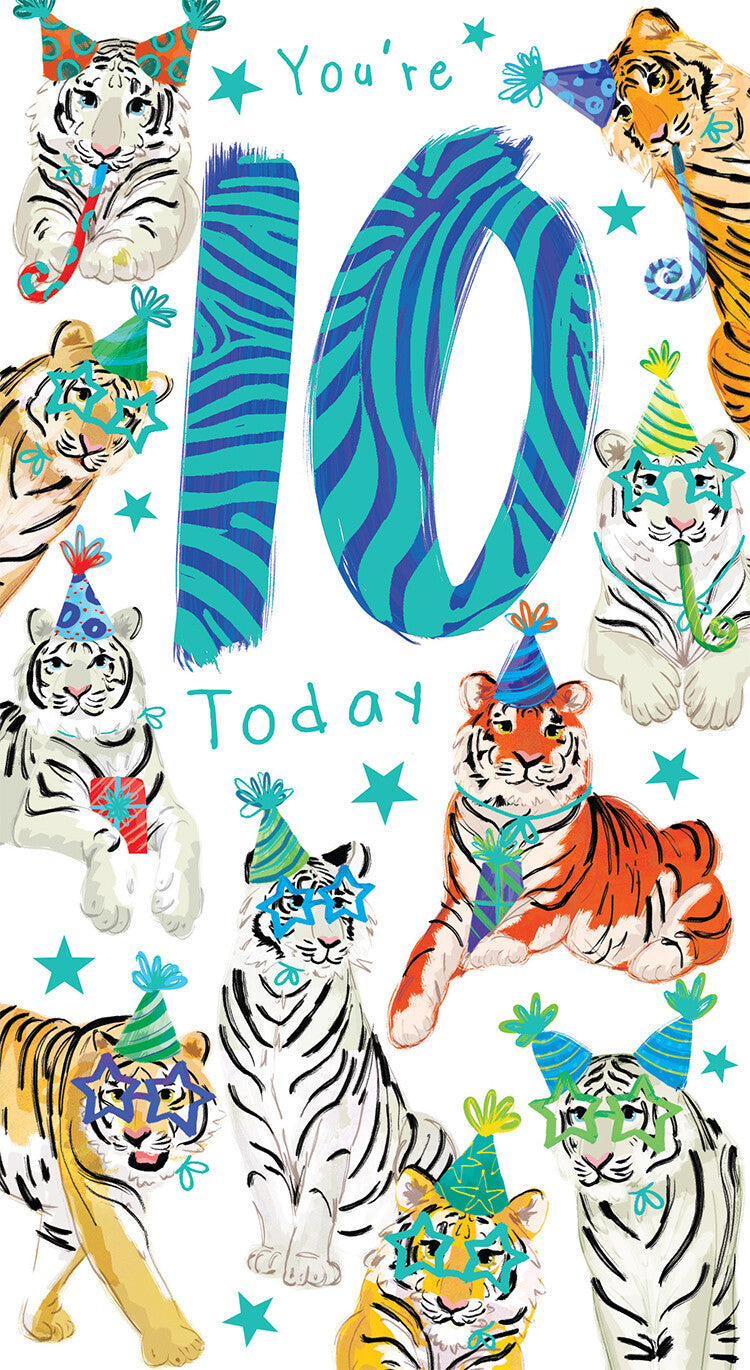 Kids 10th Birthday Card - Ten Today - Cute Tigers Party Hats Boy Girl