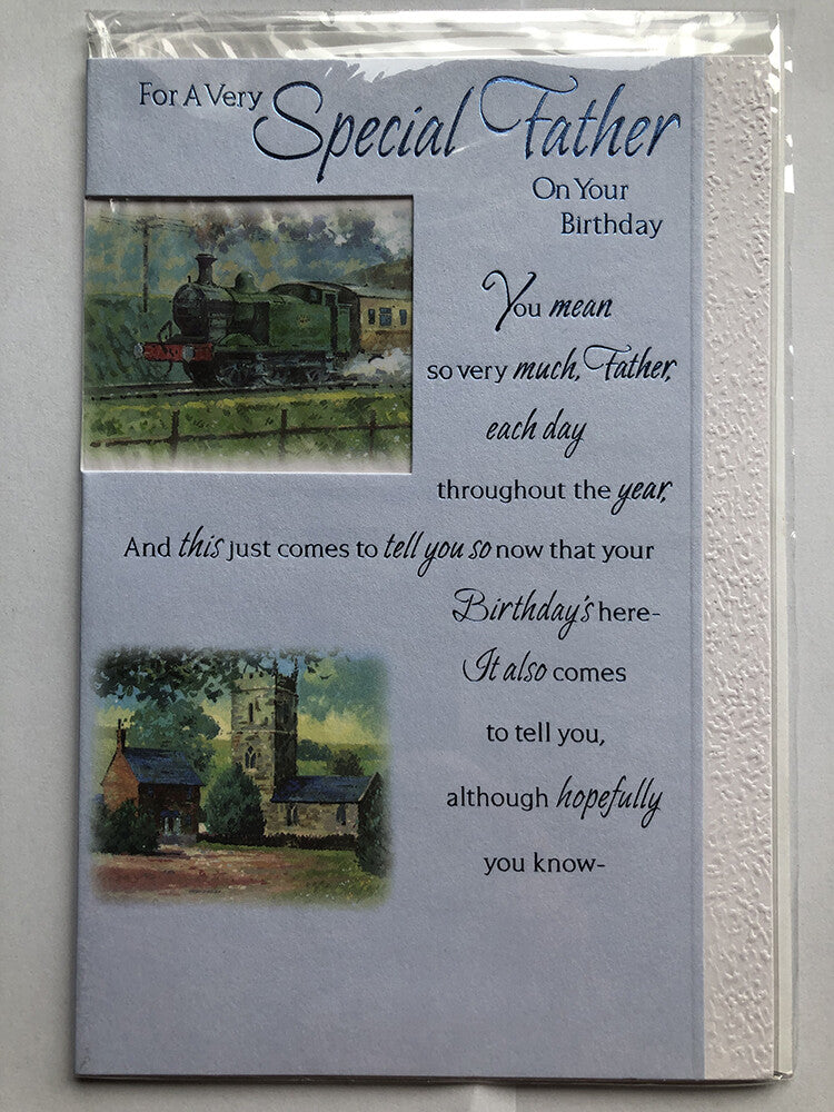Father Happy Birthday Card Locomotive Steam Train Church Countryside