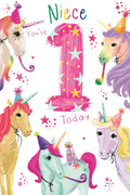 1st Birthday Card for Niece  Unicorn Party Design  15x23cm with Insert