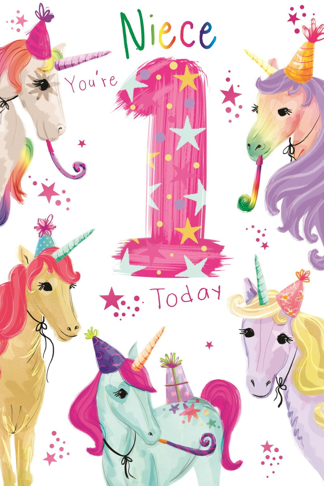 1st Birthday Card for Niece  Unicorn Party Design  15x23cm with Insert