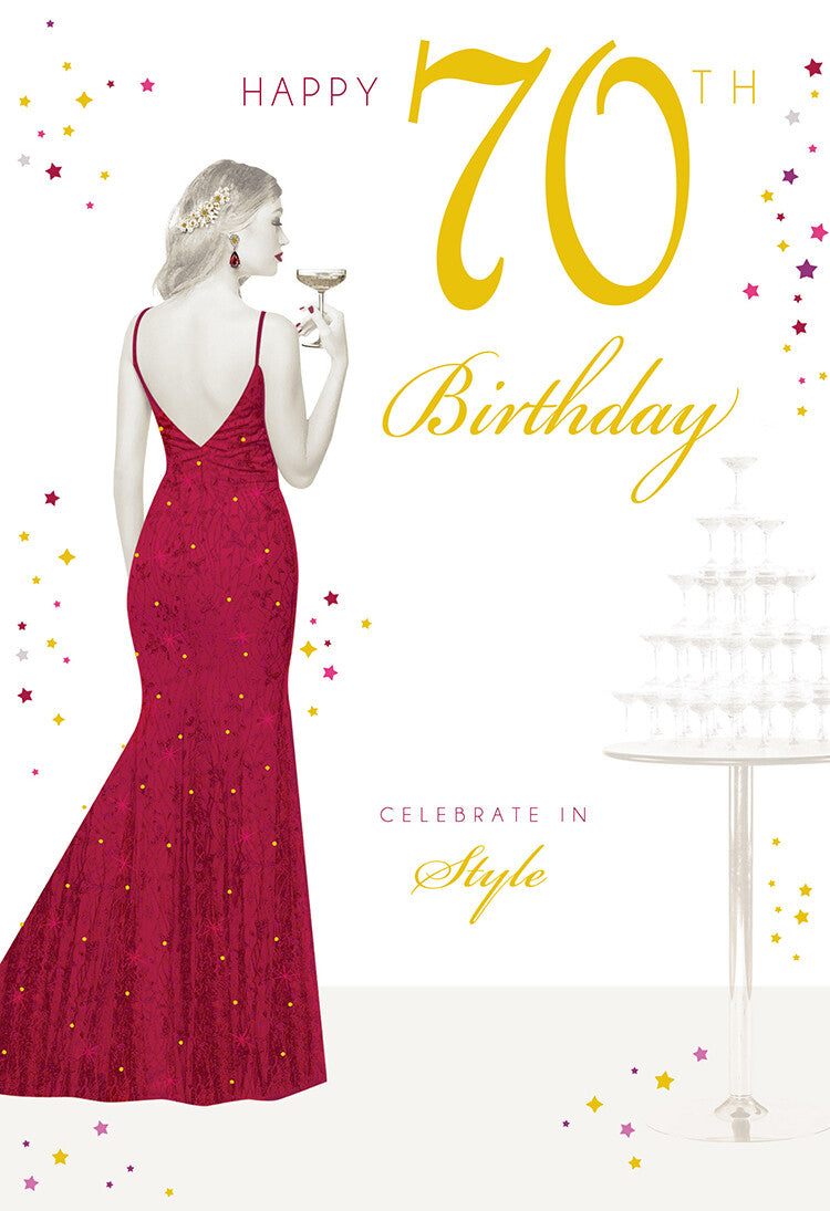 Happy 70th Birthday Card Female Foil Finish 8" x 6" Lovely Verse