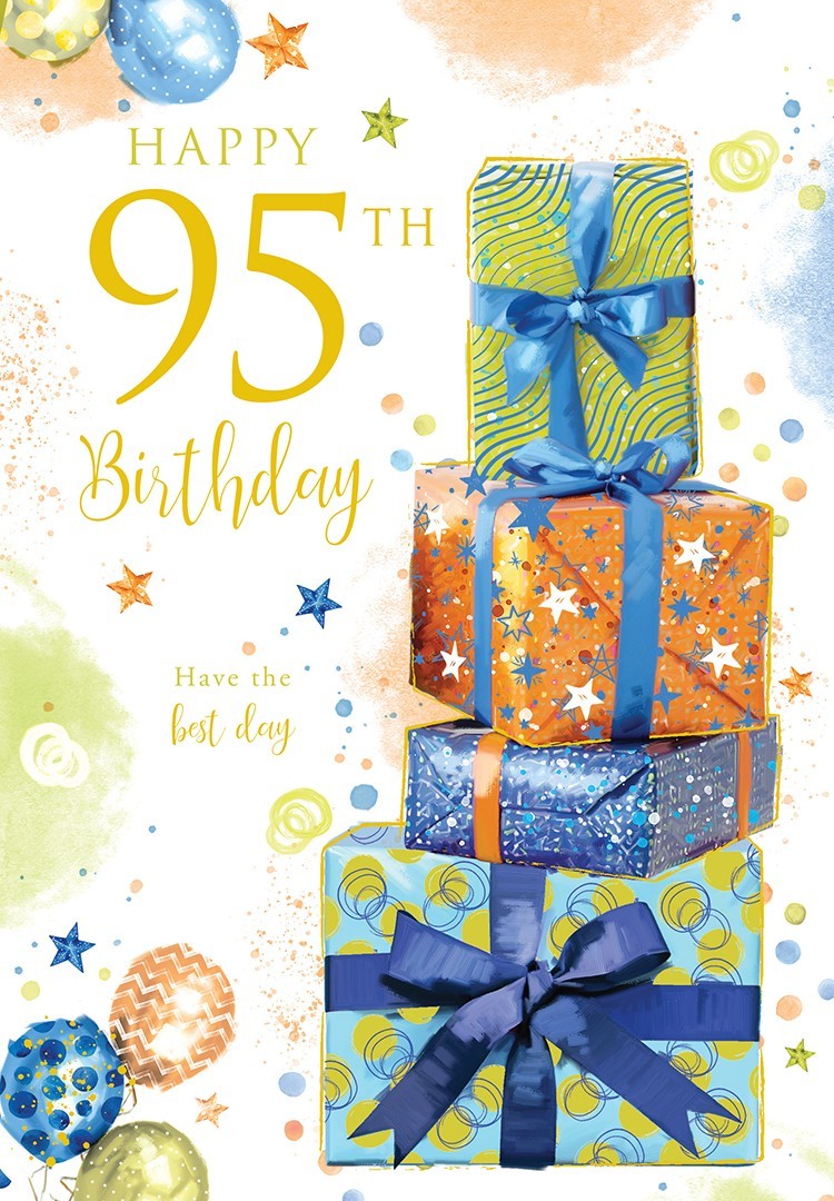 95th Birthday Card  Colourful Gifts & Balloons Design with Birthday Verse