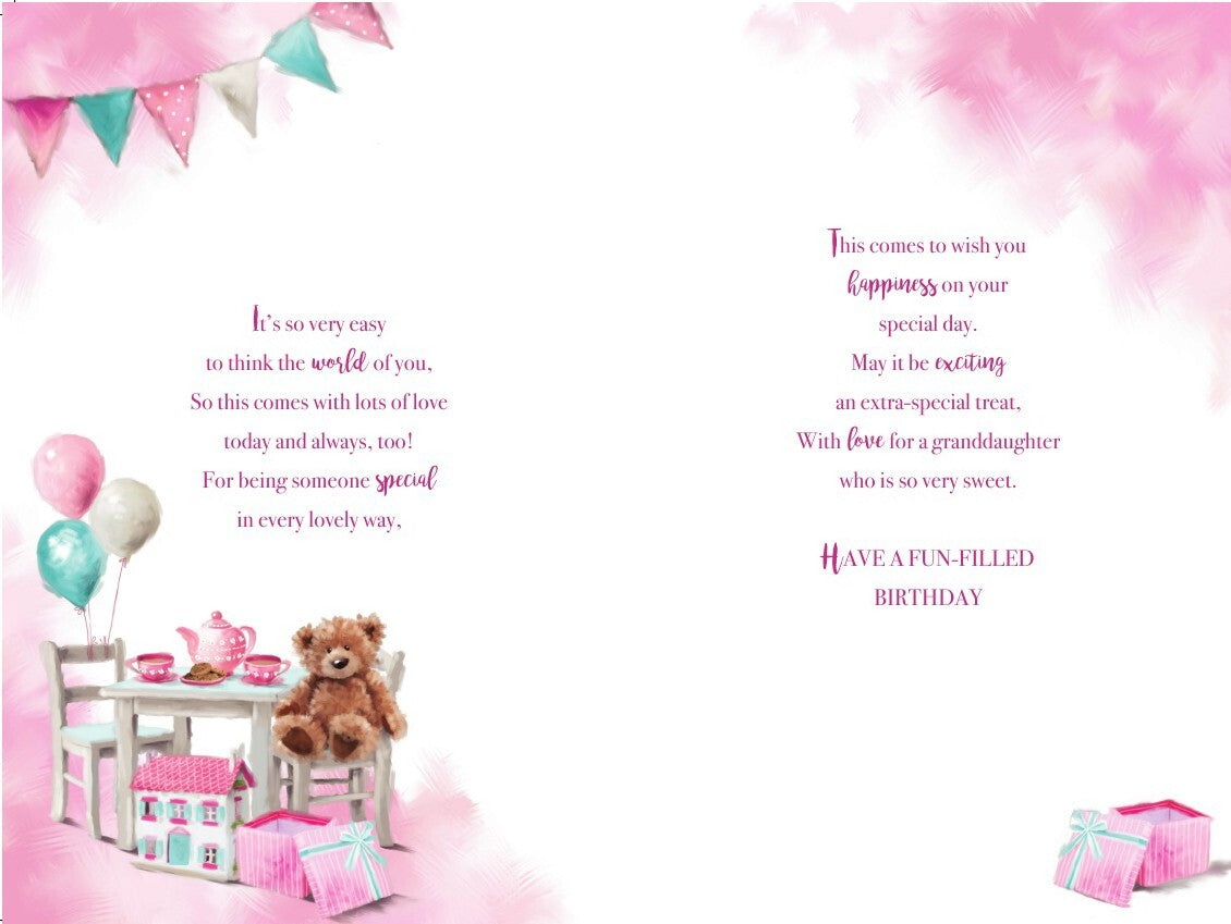 Granddaughter Happy Birthday Card Bear Tea Party & Balloons Design Lovely Verse