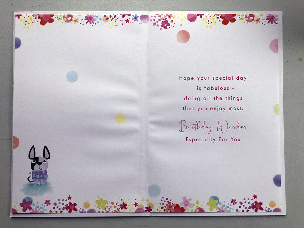 Mum Happy Birthday Card With Love Bright Trousers & Dog Female Lovely Verse