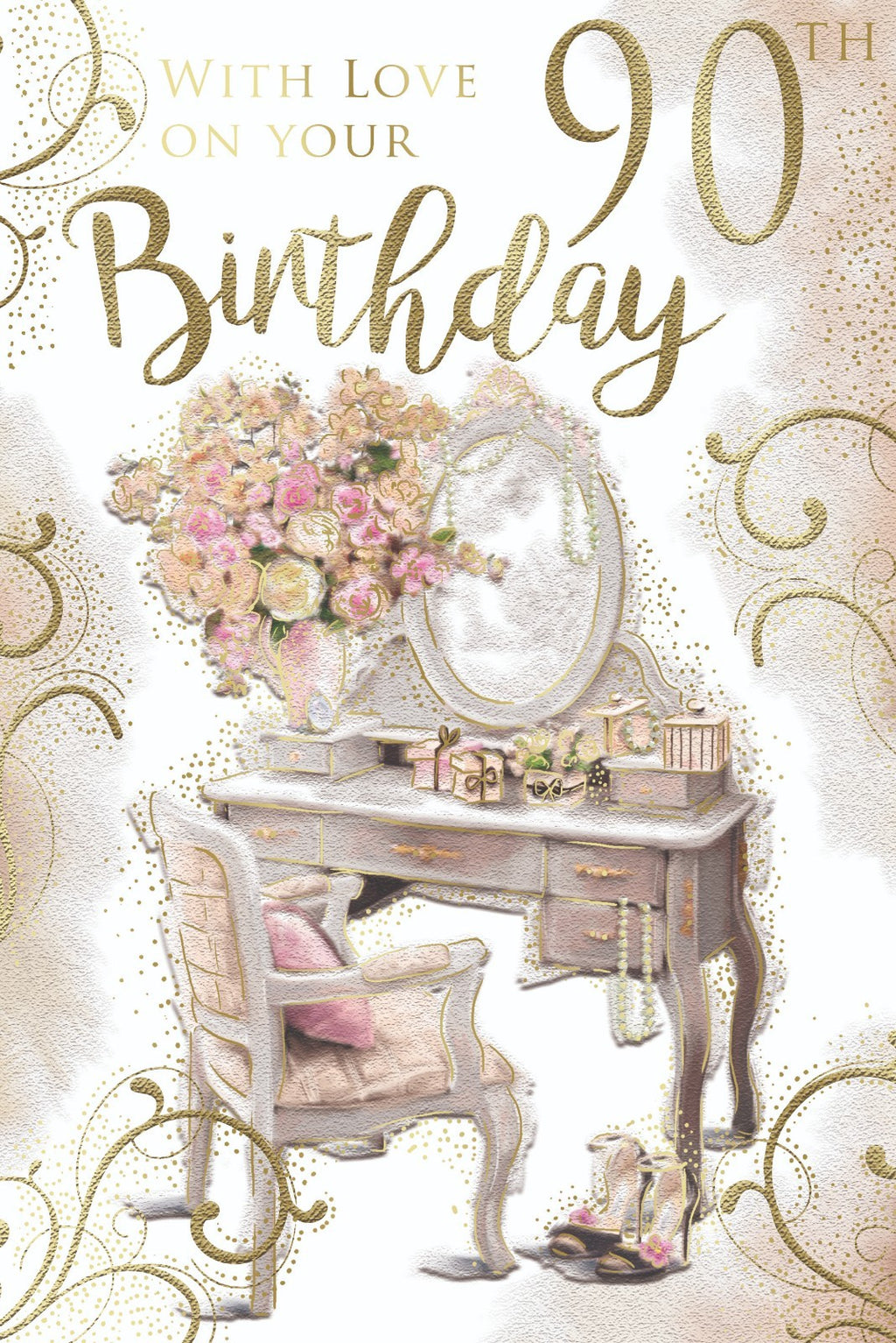 90th Happy Birthday Card 90 Dressing Table Flowers Presents Design Lovely Verse