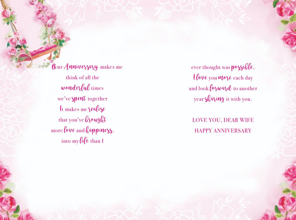 Wife Anniversary Card On Our Roses Swing Heart & Flowers Design Lovely Verse