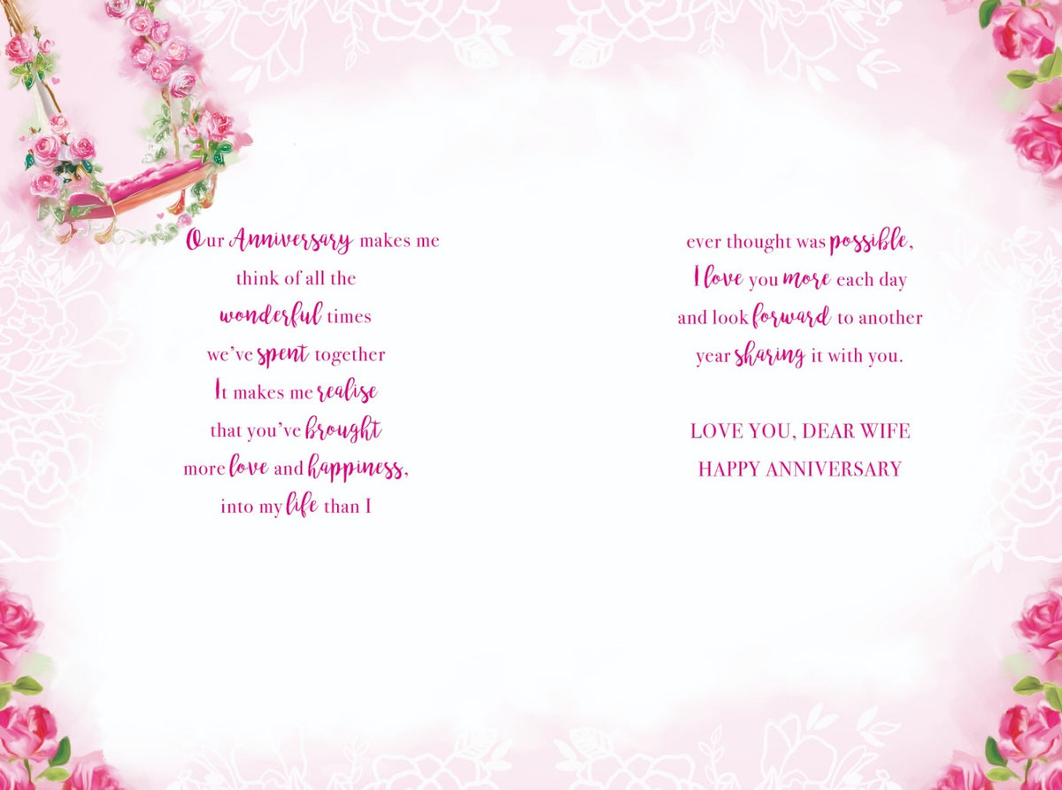 Wife Anniversary Card On Our Roses Swing Heart & Flowers Design Lovely Verse