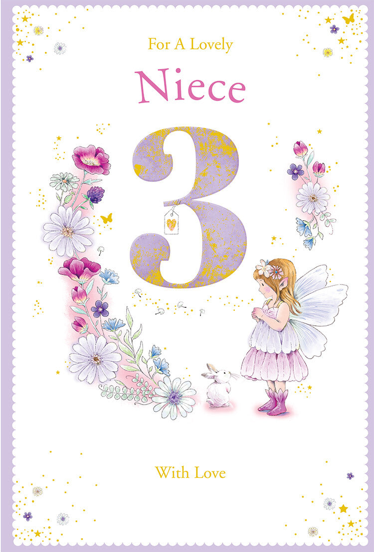 Niece 3rd Birthday Card Age 3 Dandelion Fairy 9" x 6" Lovely Verse