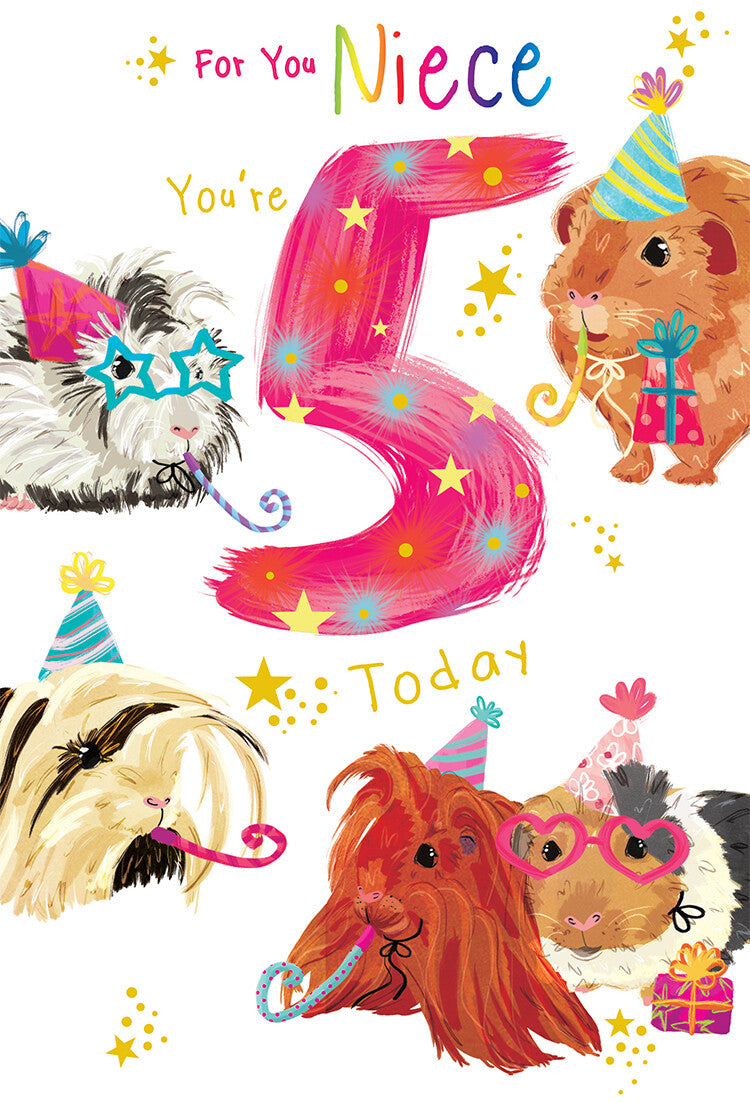Niece 5th Birthday Card Age 5 Guinea Pigs 9" x 6" Lovely Verse