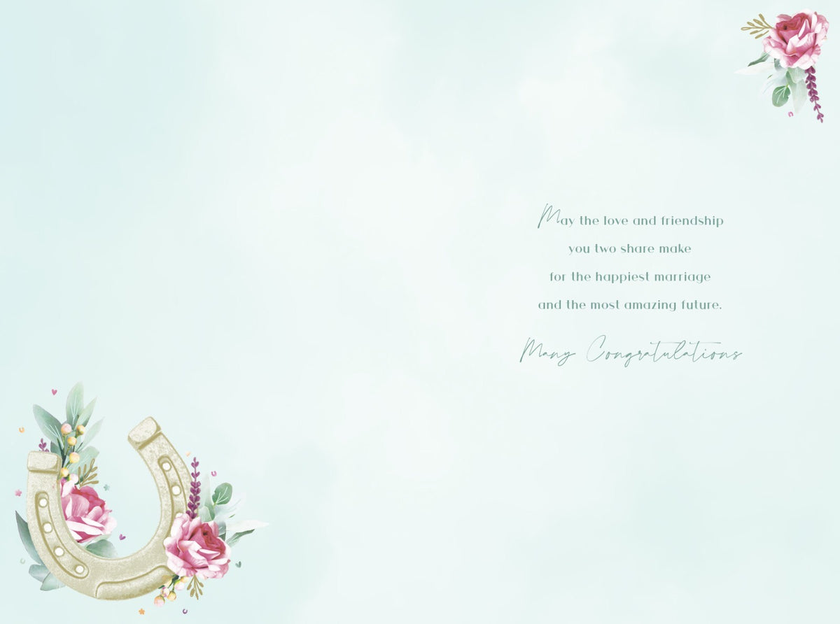 Wedding Day Card Horseshoe Flowers Foil Finish Lovely Verse