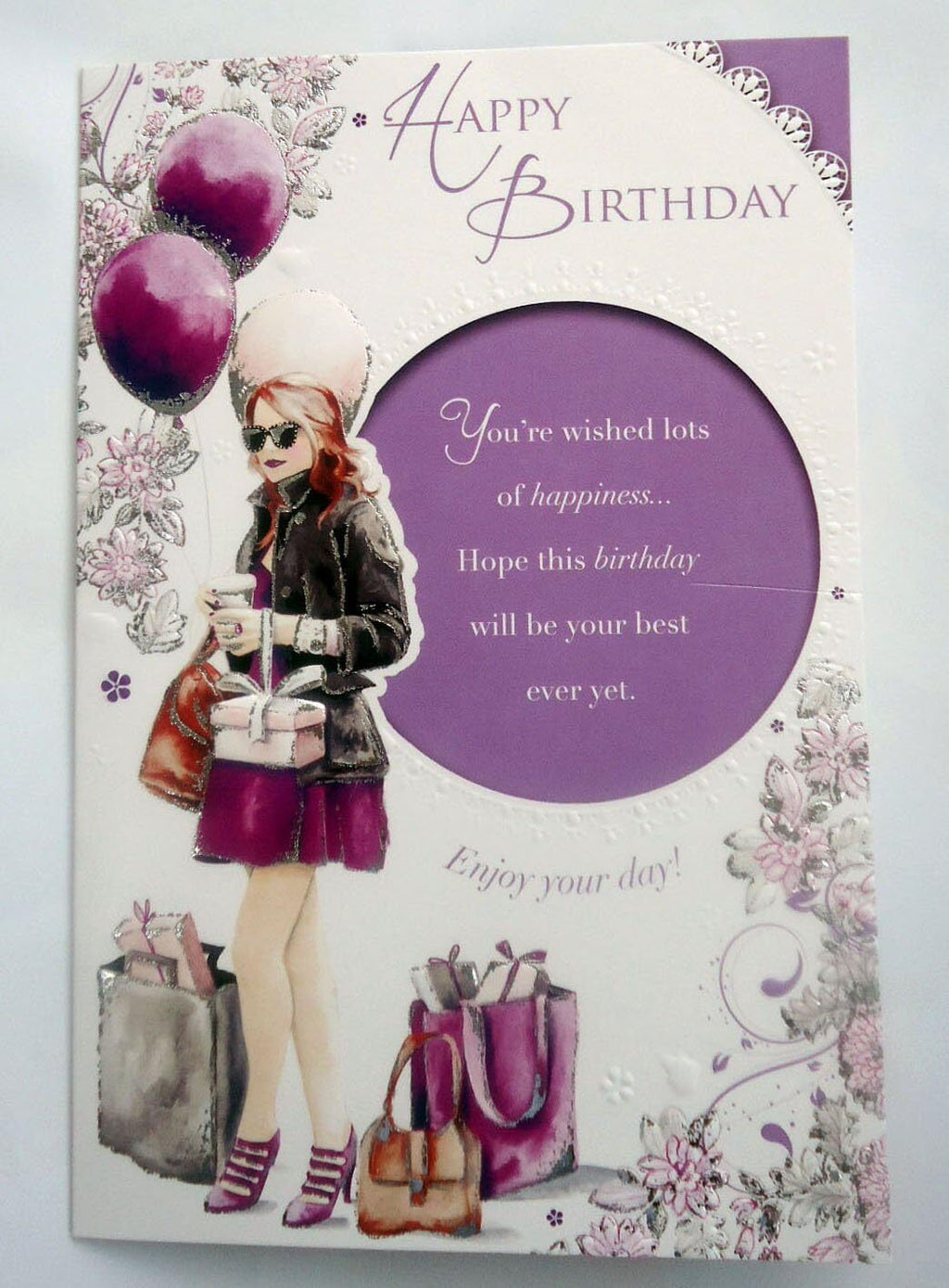 Happy Birthday Female Open Shopping Balloons & Bag Design Card