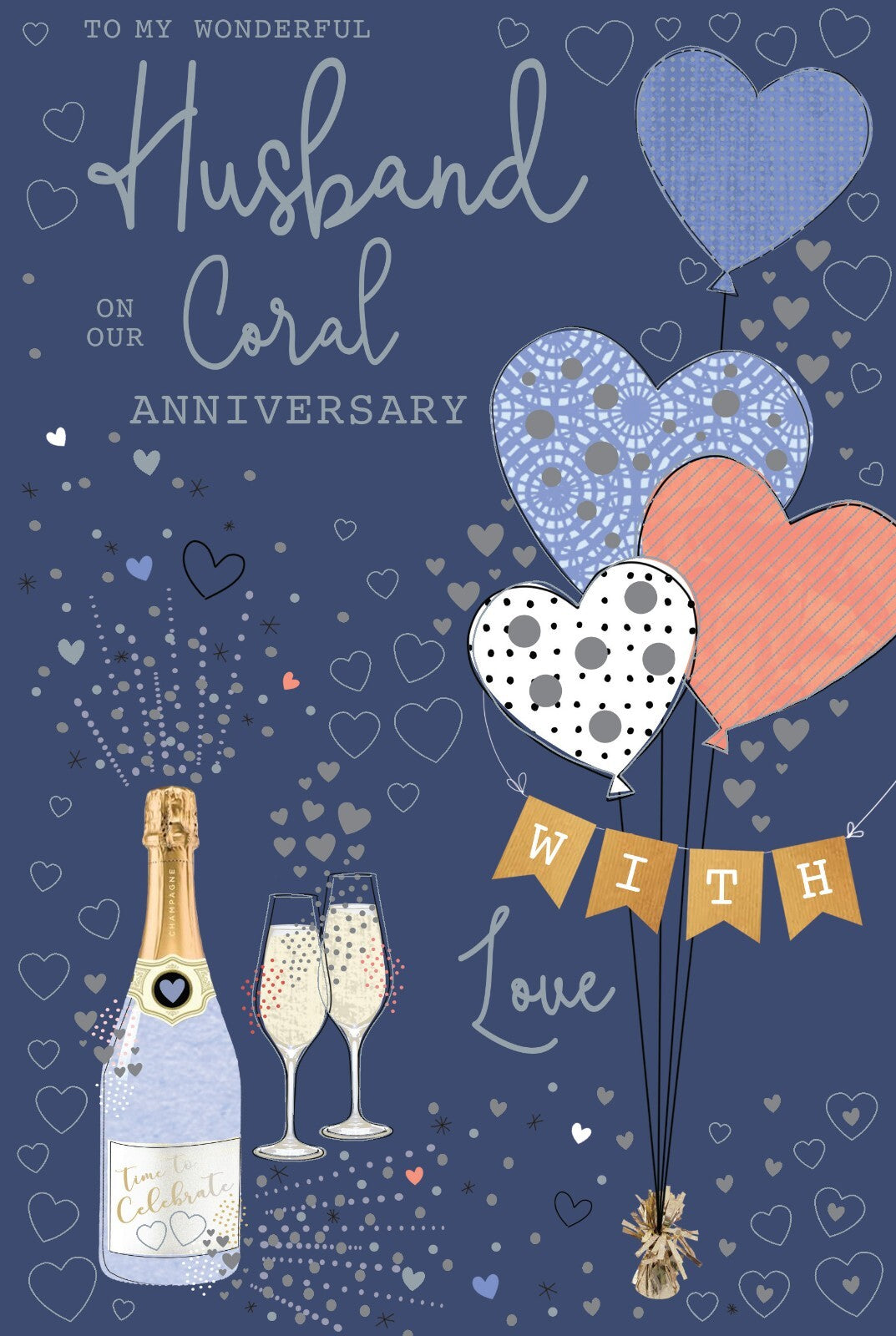 Wonderful Husband Coral Anniversary Card - 35th Wedding - Balloons Champagne