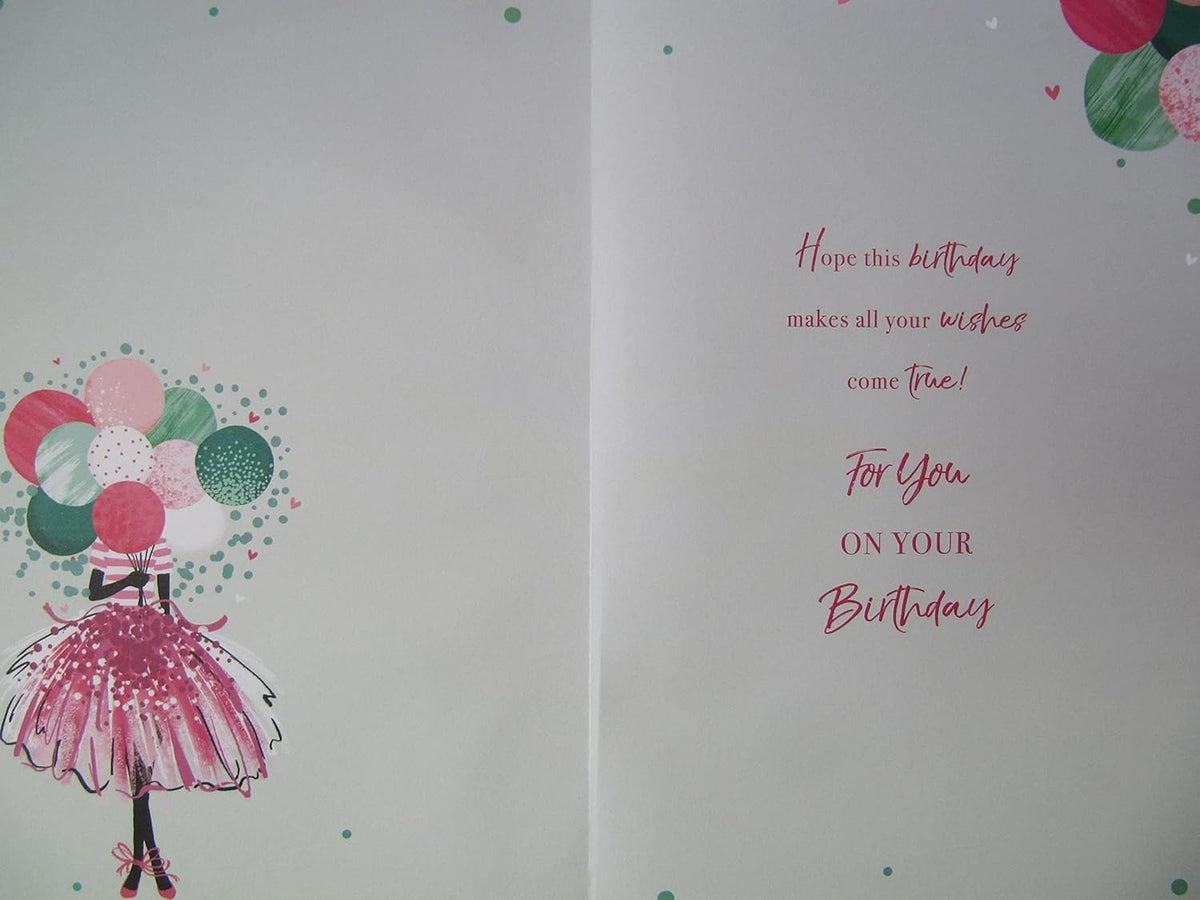 16th Birthday Card for Her  Balloons & Glitter Dress Design  15x23cm Insert