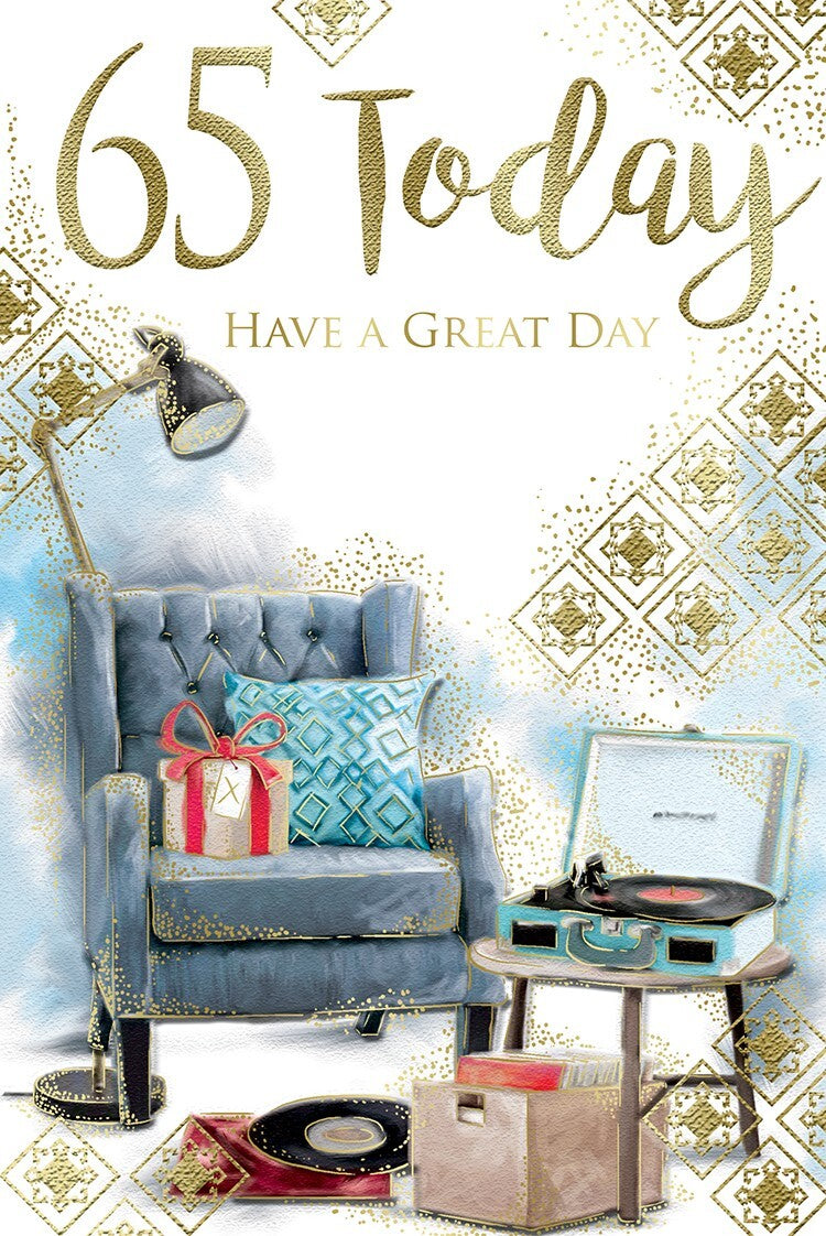 65th Happy Birthday Card 65 Today Arm Chair Record Player Design Lovely Verse