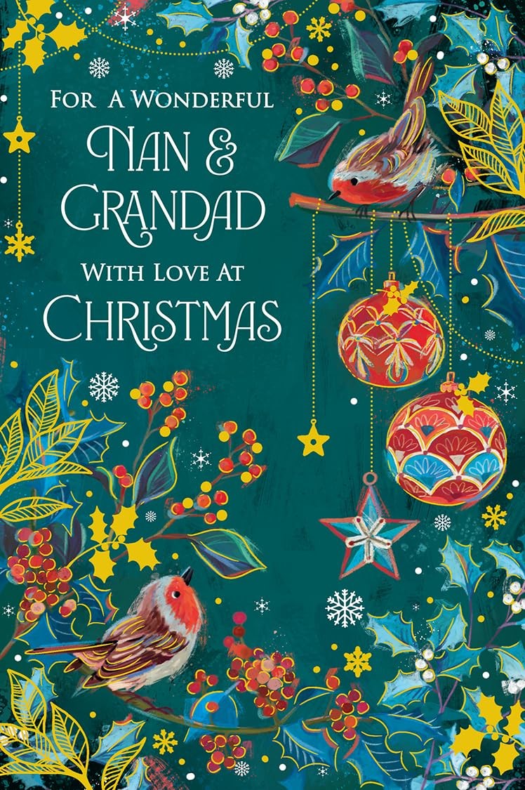 Christmas Card Nan & Grandad Large Robins Baubles Foliage 15x23cm