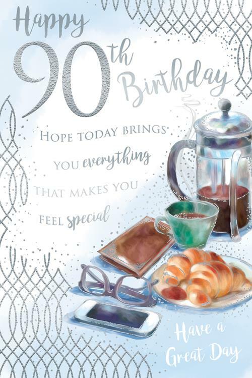 90th Happy Birthday Card 90 Today Coffee Croissants Glasses & Phone Design