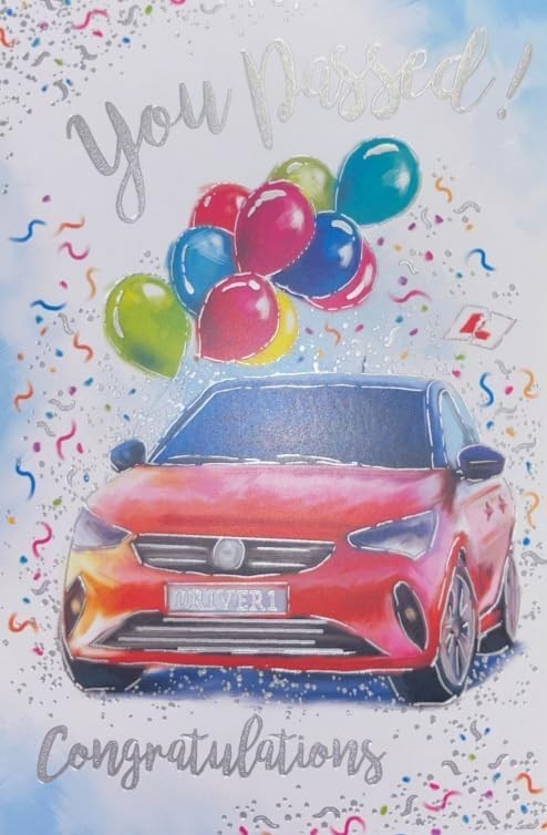 Driving Test Pass Card 13cm x 19cm Red Car & Balloons Design Verse Inside