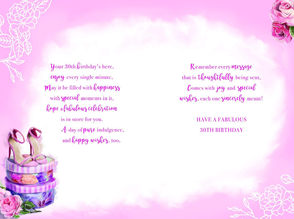 30th Happy Birthday Card 30 Shoes Roses Gift Boxes & Flowers Design