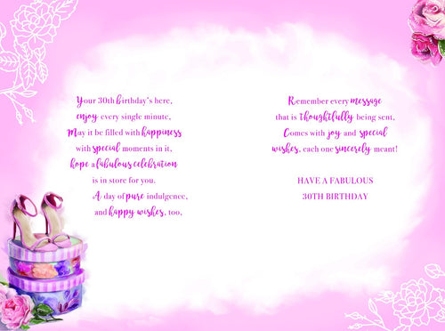 30th Happy Birthday Card 30 Shoes Roses Gift Boxes & Flowers Design