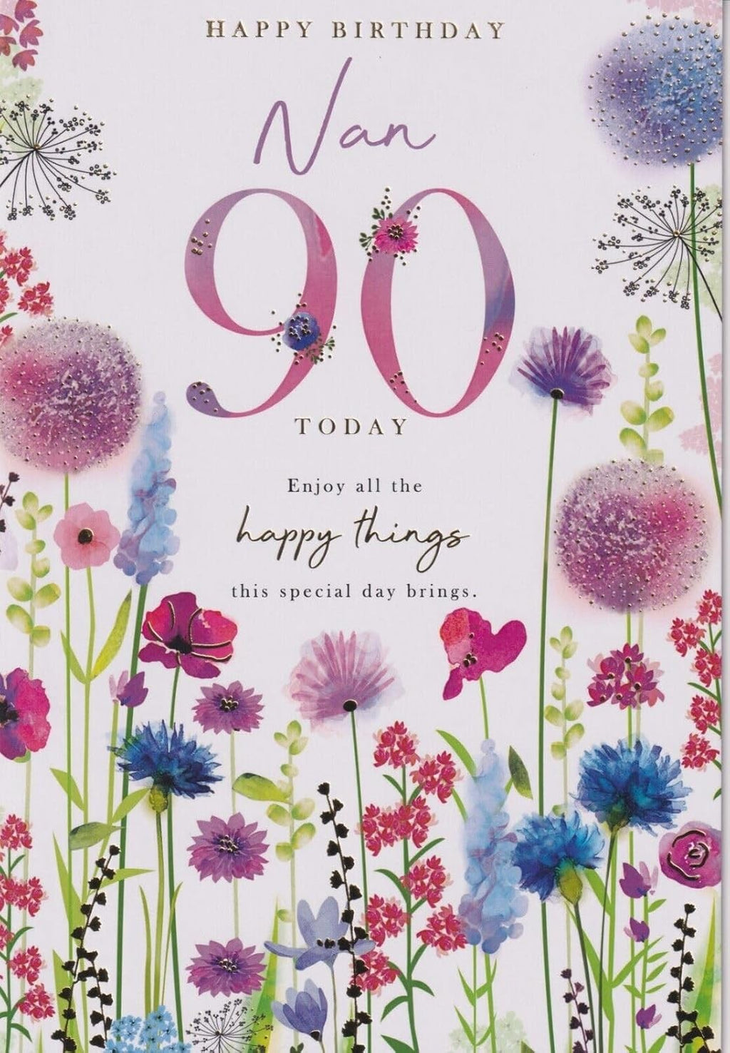 Nan 90th Birthday Card  Colourful Floral Design & Verse  15x23cm