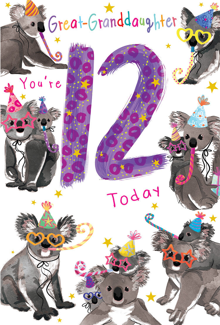Great Granddaughter 12th Birthday Card Age 12 Koala 9" x 6" Lovely Verse