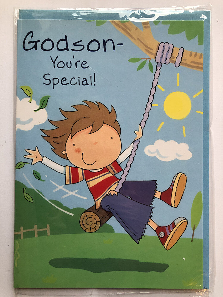 Godson Happy Birthday Card Cute Boy On A Tree Rope Swing
