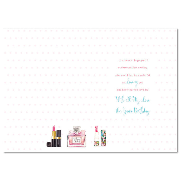 Wife Happy Birthday Card Perfume & Lipstick Design Bright Modern