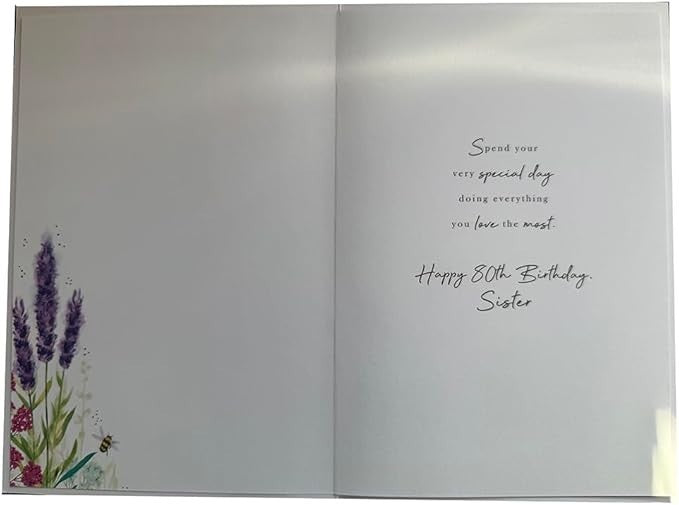 Sister 80th Birthday Card - Elegant Lavender & Bee Design - Happy 80 Wishes