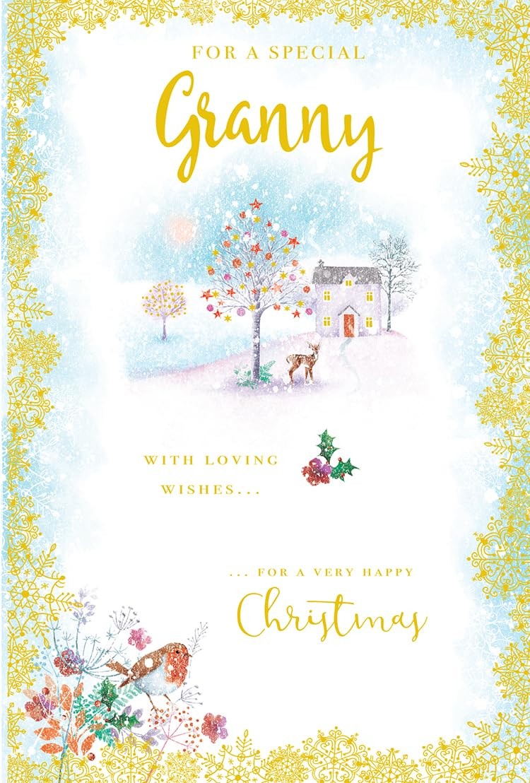 Granny Christmas Card Traditional Snow Scene House Tree 9" x 6" Lovely Verse