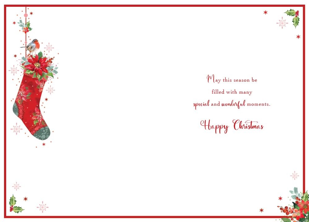 Open Happy Christmas Card Stocking Robin Poinsettia 7.5" x 5" Lovely Verse