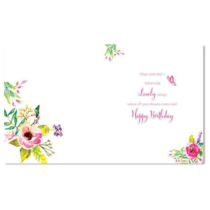 Open Happy Birthday Card Female Flower & Butterfly Design Lovely Bright