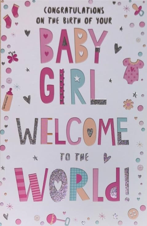 New Baby Girl Greeting Card  Pink Icons & Verse  15x23cm with Colour Insert