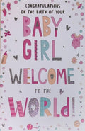 New Baby Girl Greeting Card  Pink Icons & Verse  15x23cm with Colour Insert