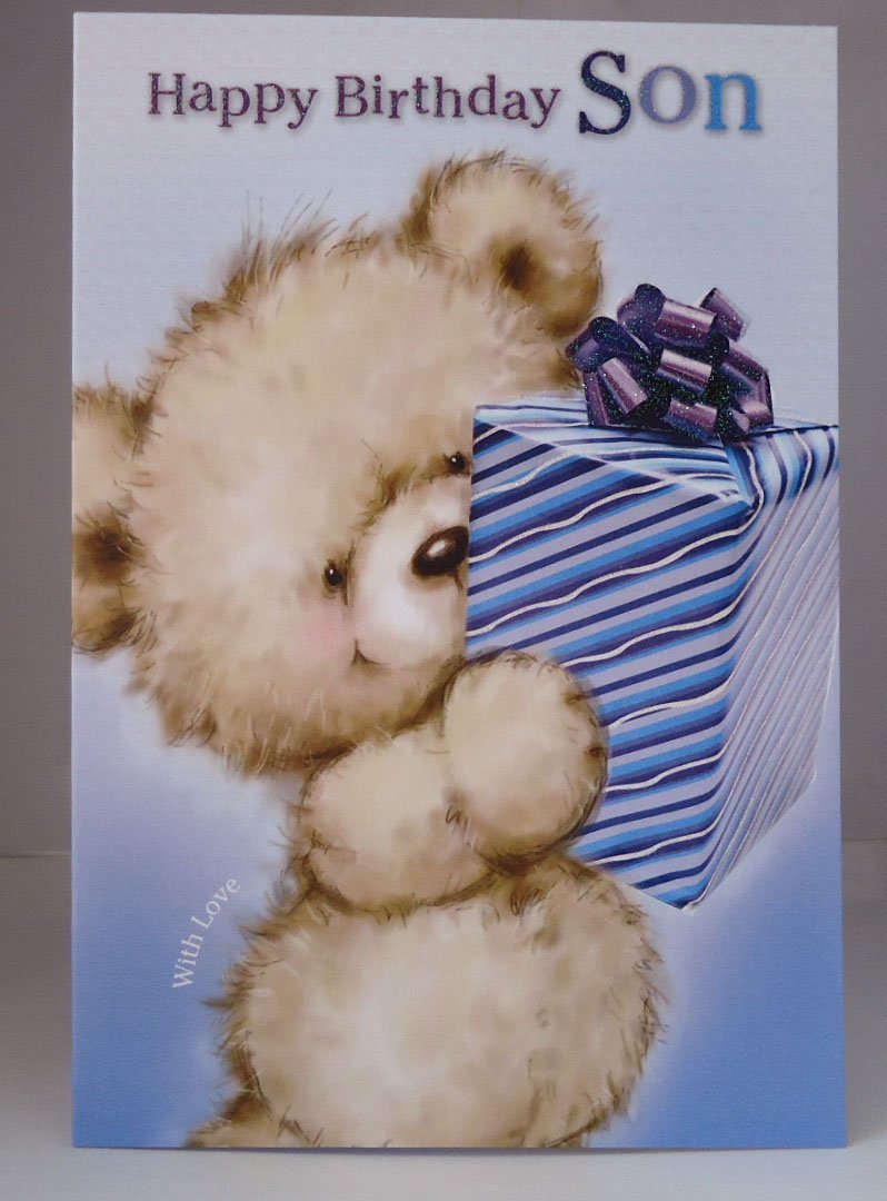 Son Happy Birthday Card With Love Cute Bear & Present Lovely Verse