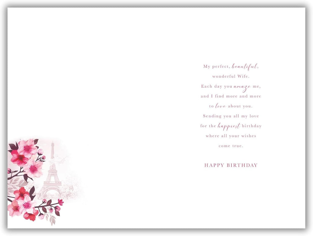 Wife Birthday Card  Paris Design with Cherry Blossoms  15x23cm