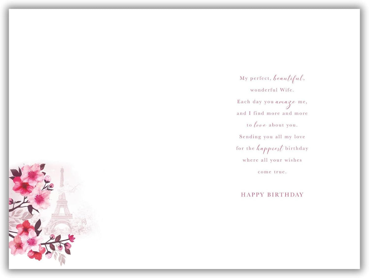 Wife Birthday Card  Paris Design with Cherry Blossoms  15x23cm