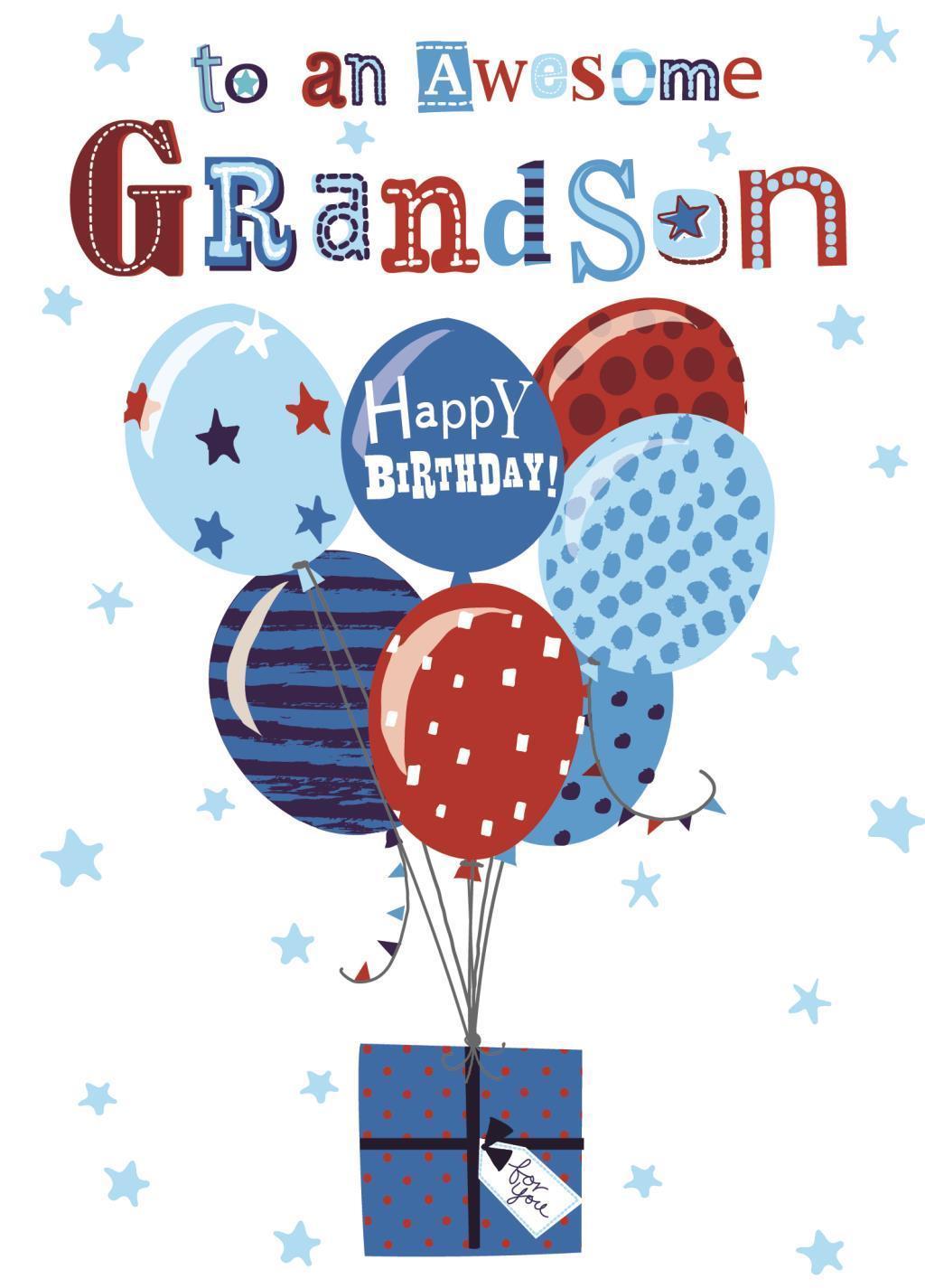 Awesome Grandson Birthday Card - Balloons & Gift - Bright Modern Finish