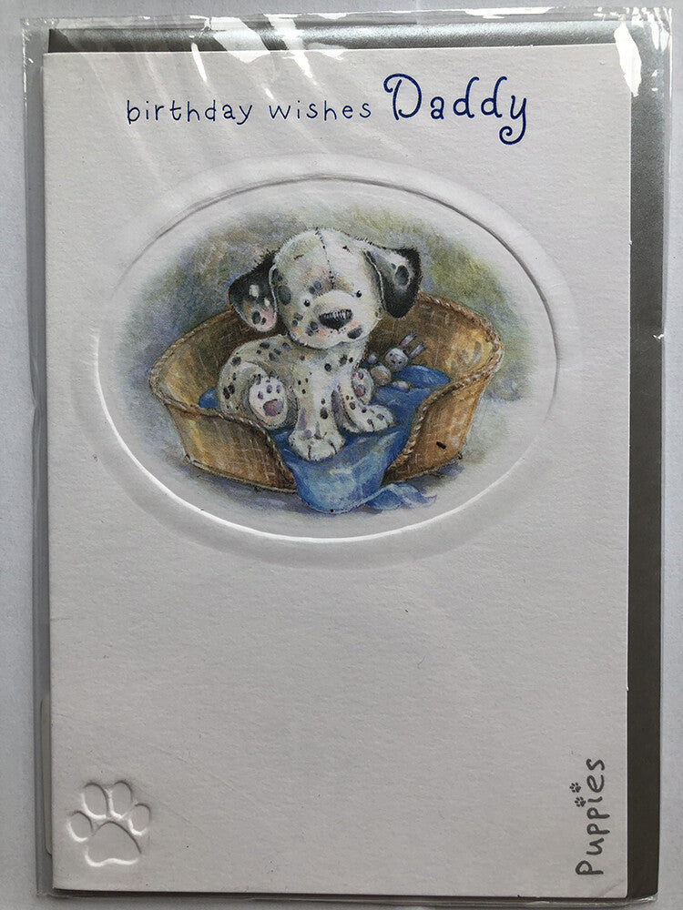 Daddy Happy Birthday Card Cute Dog Puppy Basket Bed & Teddy