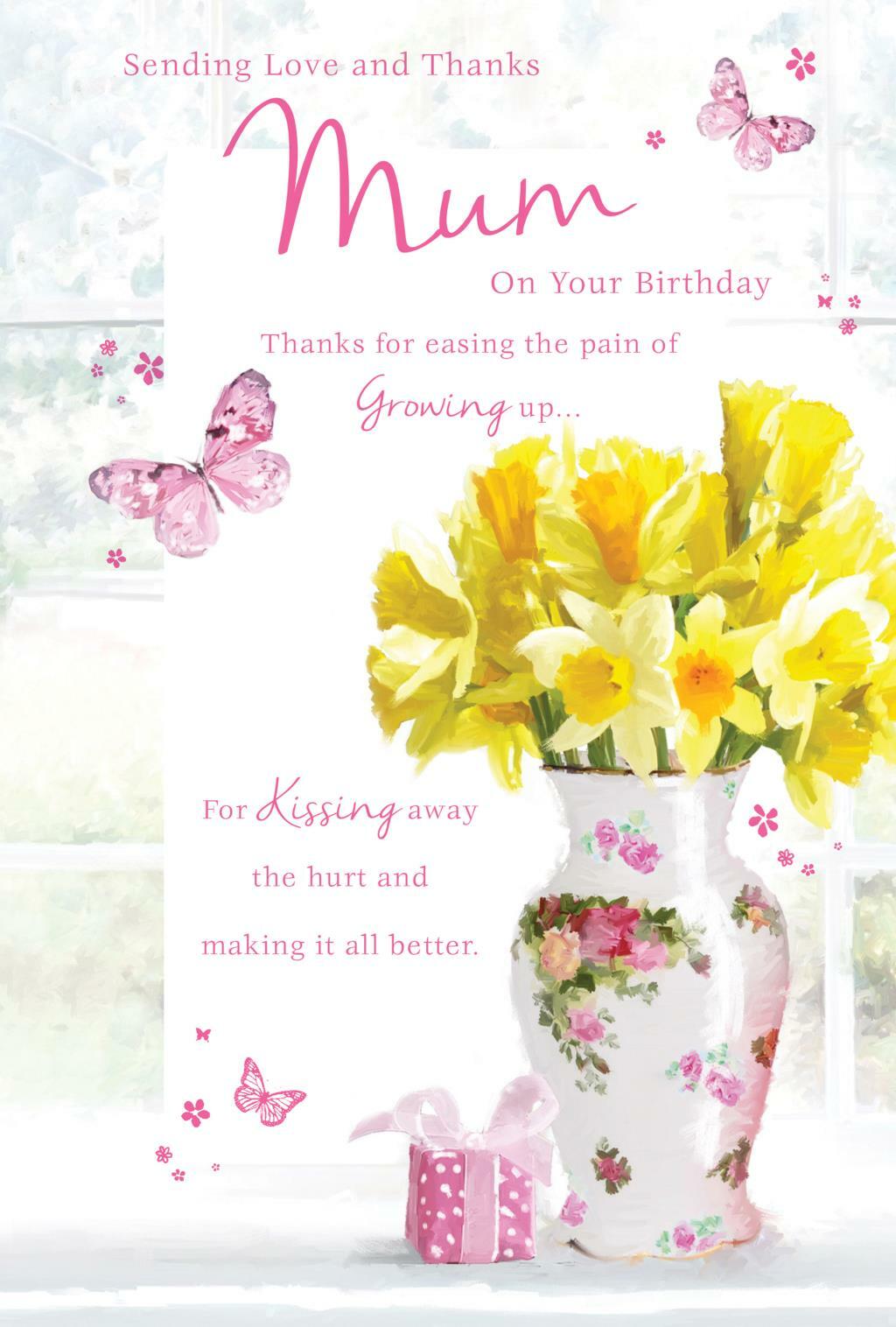 Mum Happy Birthday Card Love & Thanks Vase Of Daffodils Design Lovely Verse