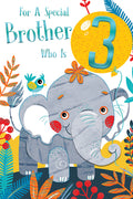For A Special Brother 3rd Birthday Card - Cute Elephant, Bird, Flowers