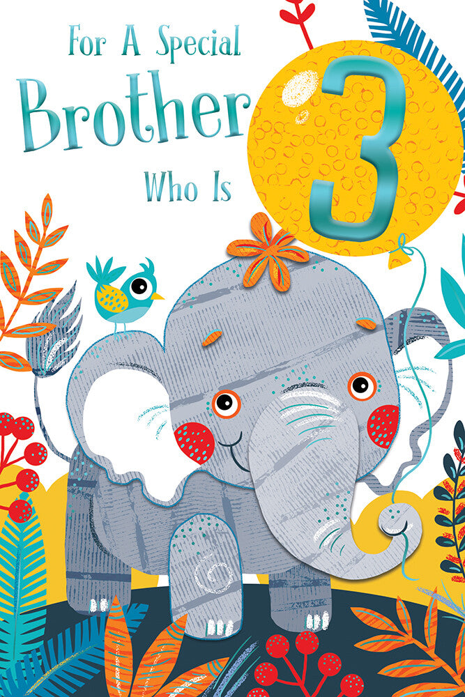 For A Special Brother 3rd Birthday Card - Cute Elephant, Bird, Flowers
