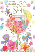 50th Birthday Card Sister - Gin Glass & Butterfly Design ~ Approx 6"x9"