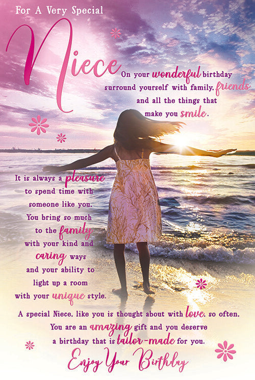 Special Niece Birthday Card - Sunset Beach Silhouette - Heartfelt Verse